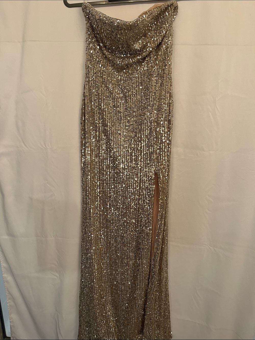 Lulu's Gold Sequin Strapless Cowl Neck Gown